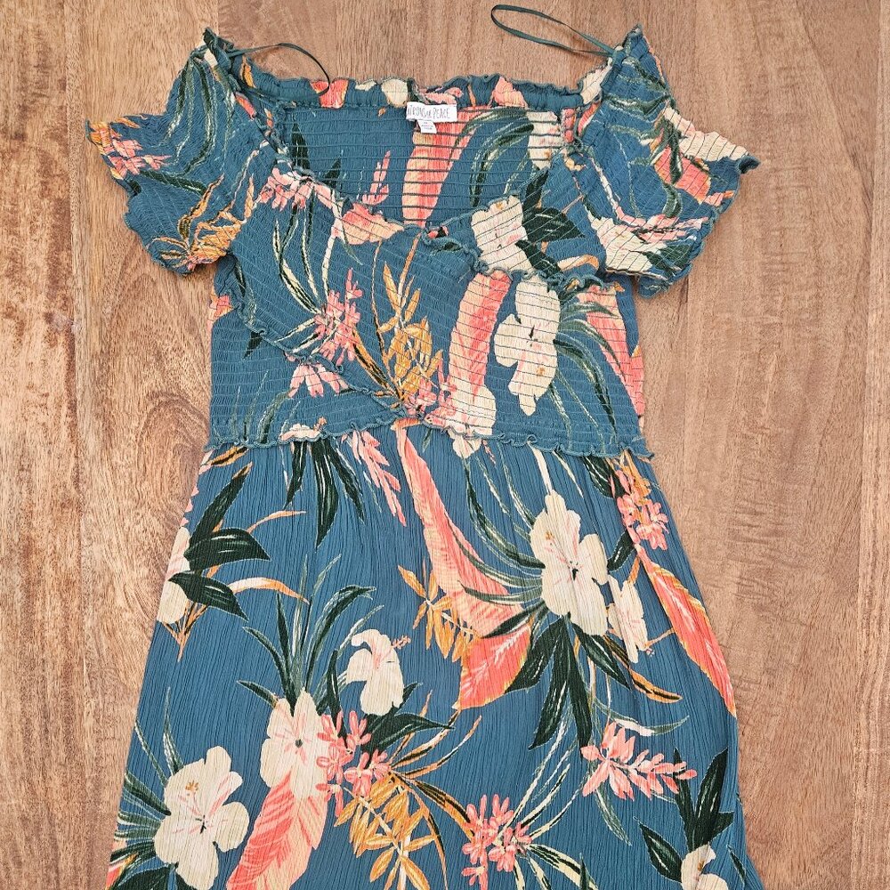 Patrons of Peace Dress Womens Medium Teal Floral Boho Short Sleeve Rayon